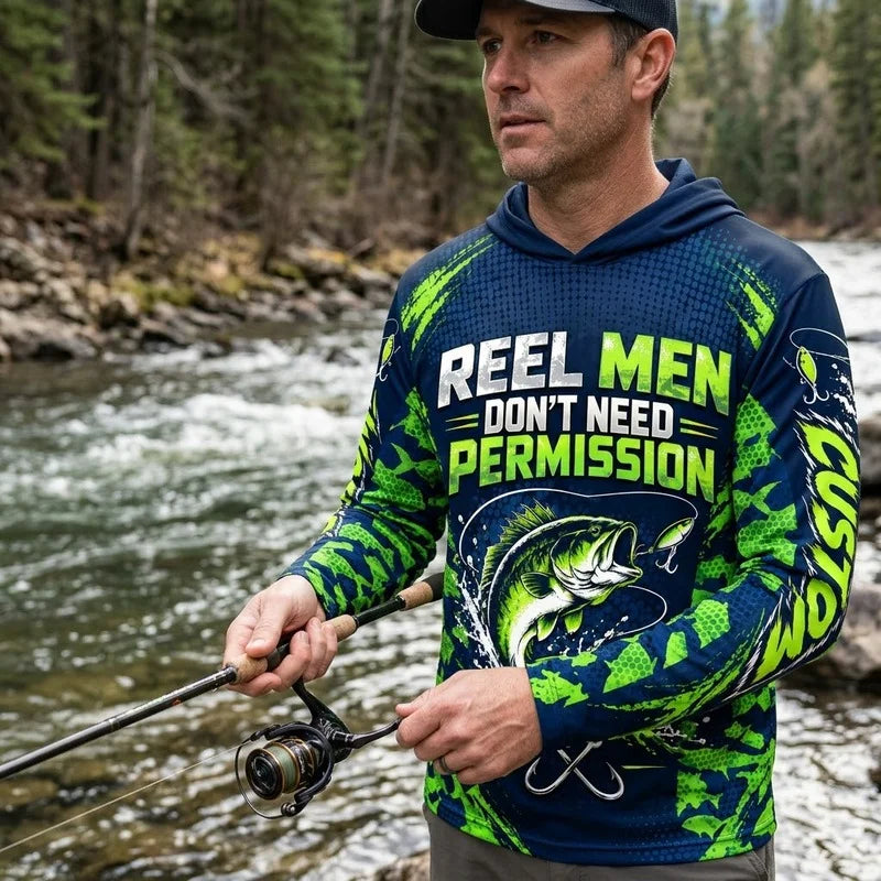 Reel Men Don't Need Permission Bass Fishing Hooded Long Sleeve Shirt