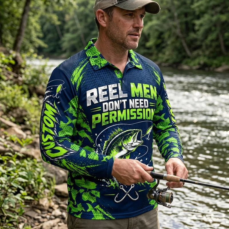 Reel Men Don't Need Permission Bass Fishing Polo Long Sleeve Shirt