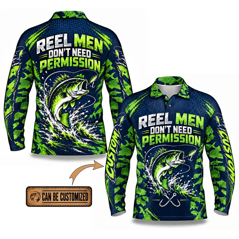 Reel Men Don't Need Permission Bass Fishing Polo Long Sleeve Shirt