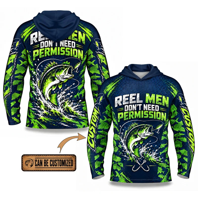 Reel Men Don't Need Permission Bass Fishing Hooded Long Sleeve Shirt