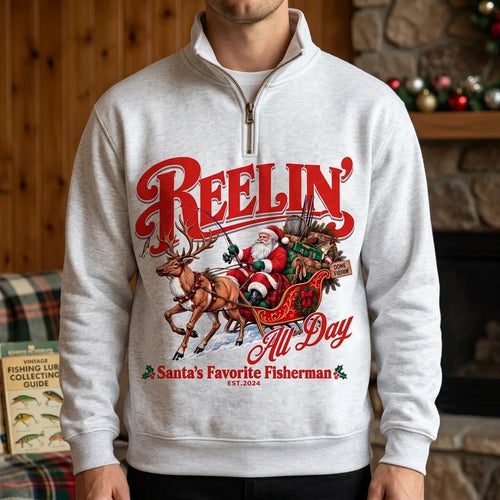 Reelin' All Day Santa's Favorite Fisherman Christmas Fishing Zip Long Sleeve Shirt