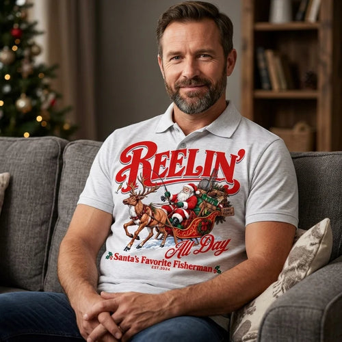 Reelin' All Day Santa's Favorite Fisherman Christmas Fishing Polo Shirt