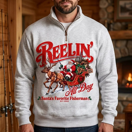 Reelin' All Day Santa's Favorite Fisherman Christmas Fishing Zip Long Sleeve Shirt
