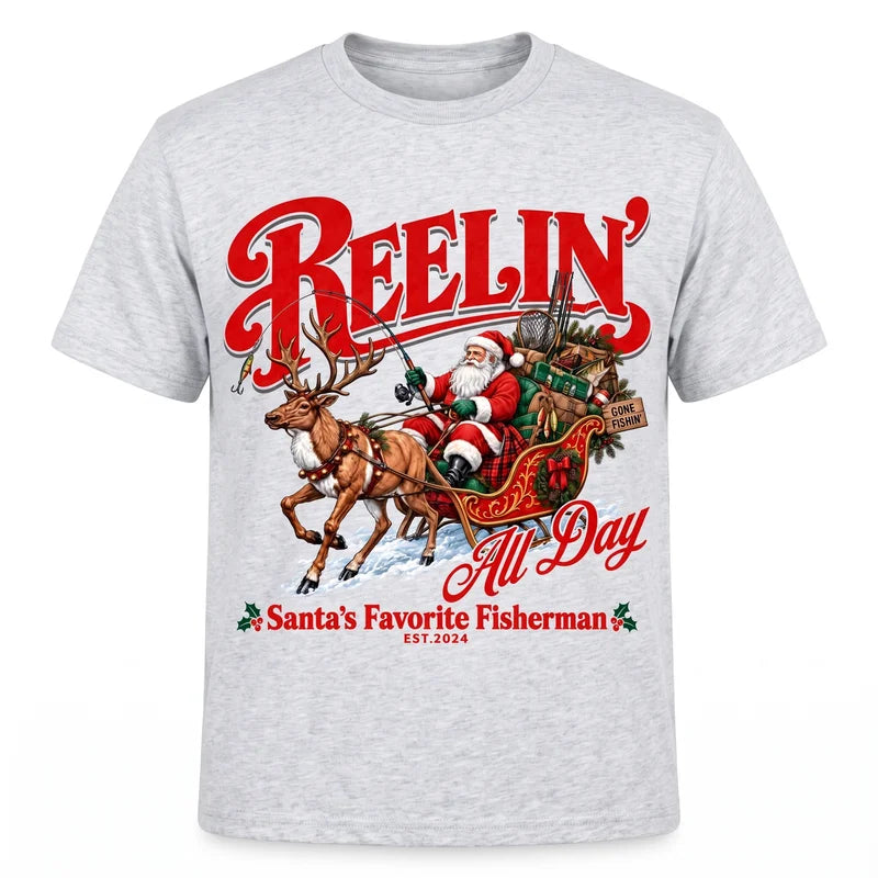 Reelin' All Day Santa's Favorite Fisherman Christmas Fishing T-Shirt