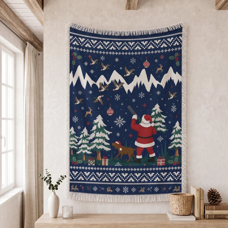 Personalized Santa Hunting Christmas Nordic Fair Isle Tassels Blanket