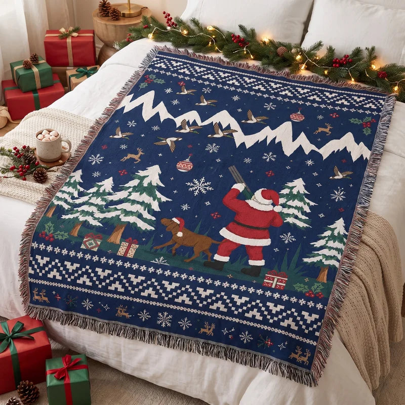 Personalized Santa Hunting Christmas Nordic Fair Isle Tassels Blanket