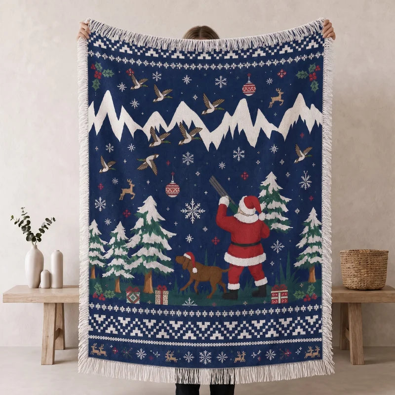 Personalized Santa Hunting Christmas Nordic Fair Isle Tassels Blanket