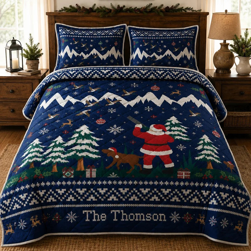 Personalized Santa Hunting Christmas Fair Isle Quilted Bedding Set