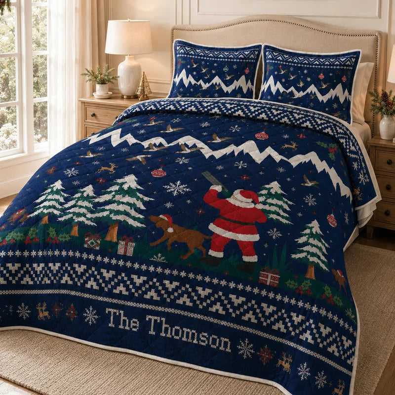 Personalized Santa Hunting Christmas Fair Isle Quilted Bedding Set