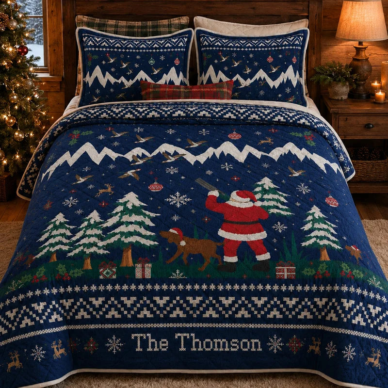 Personalized Santa Hunting Christmas Fair Isle Quilted Bedding Set