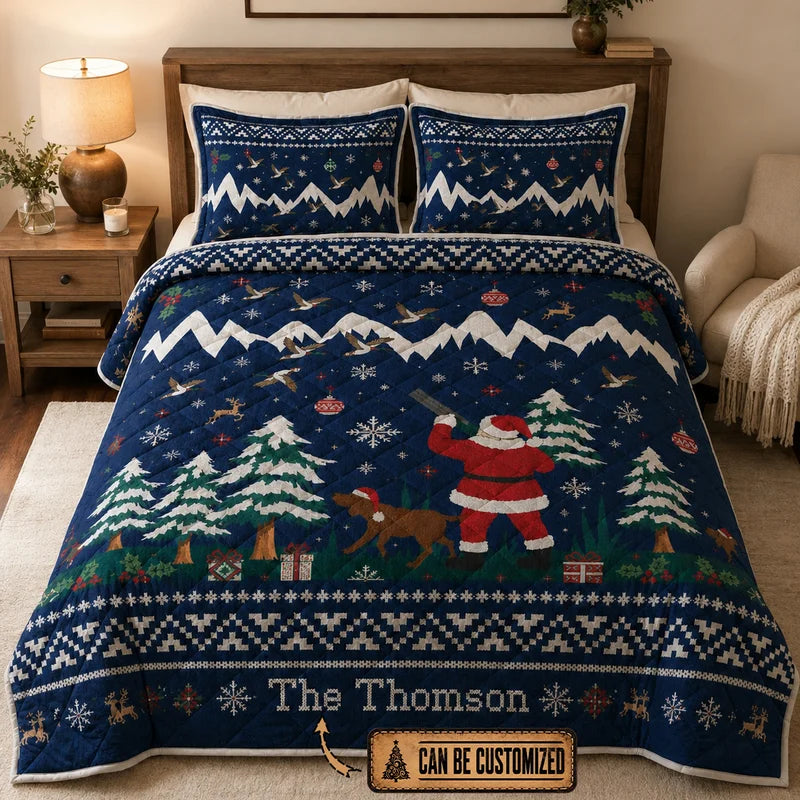 Personalized Santa Hunting Christmas Fair Isle Quilted Bedding Set