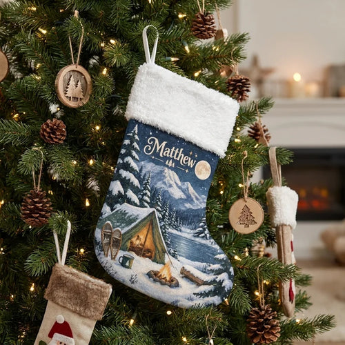 Winter Camping Snowy Night Christmas Stocking