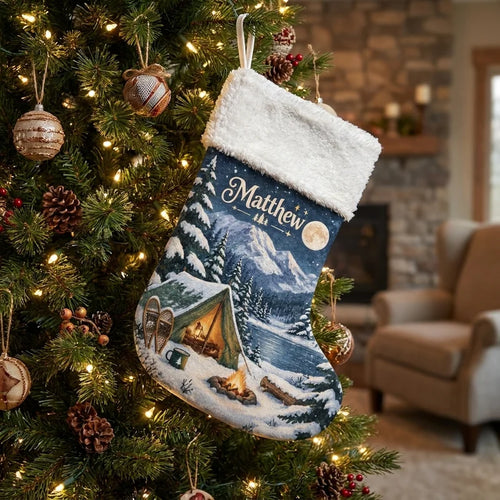 Winter Camping Snowy Night Christmas Stocking