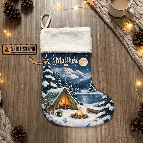 Winter Camping Snowy Night Christmas Stocking