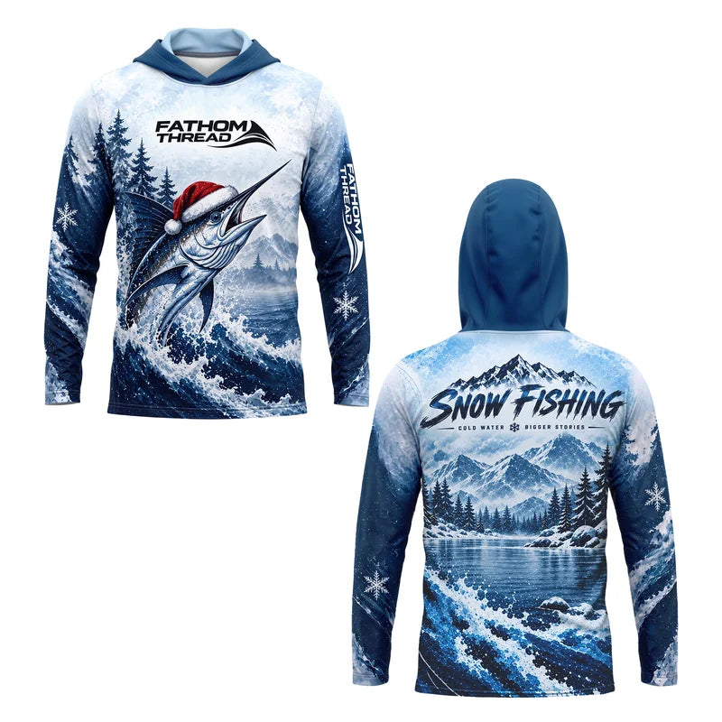 Snow Fishing Marlin Christmas Winter Fishing Hooded Long Sleeve Shirt