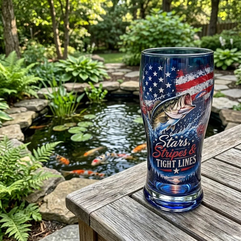 Stars Stripes & Tight Lines Bass Fishing Patriotic Drinking Glass