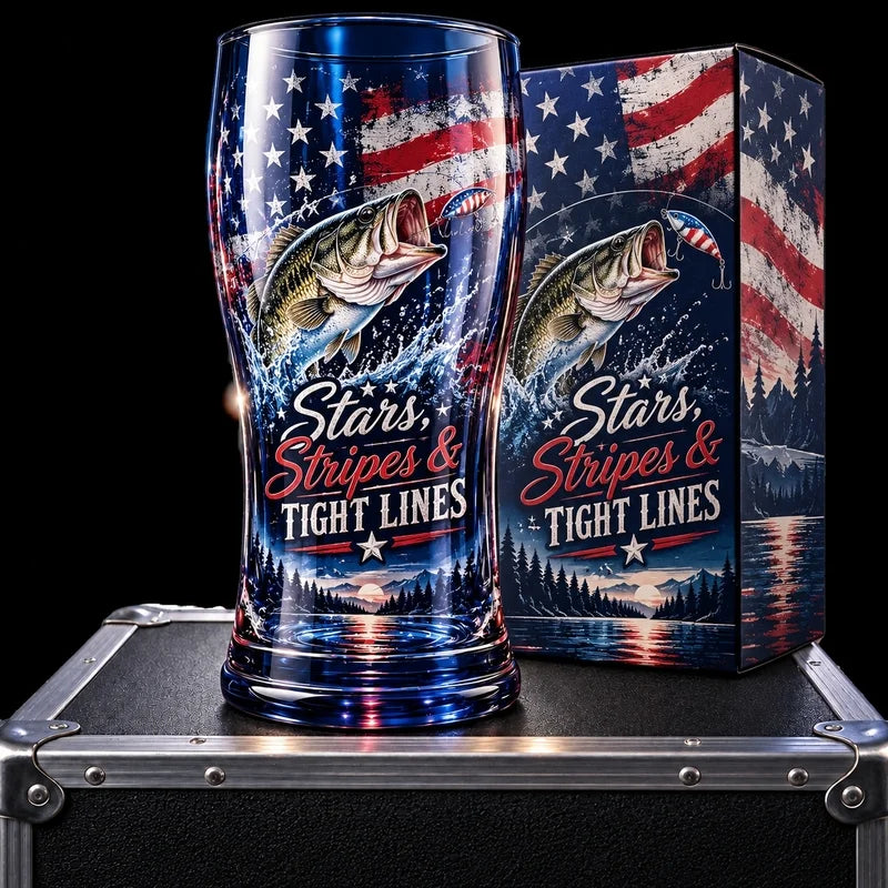 Stars Stripes & Tight Lines Bass Fishing Patriotic Drinking Glass