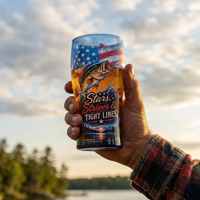 Stars Stripes & Tight Lines Bass Fishing Patriotic Drinking Glass