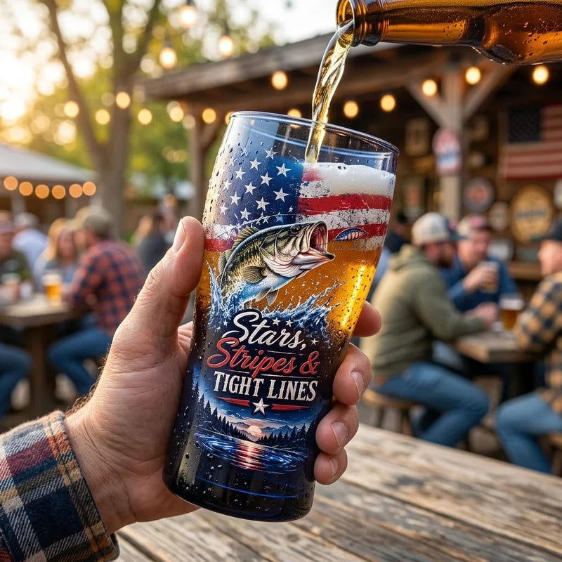 Stars Stripes & Tight Lines Bass Fishing Patriotic Drinking Glass