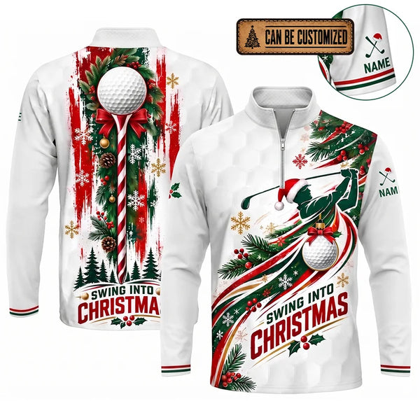 Swing Into Christmas Personalized Golf Zip Long Sleeve Shirt