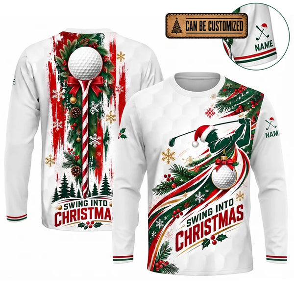 Swing Into Christmas Personalized Golf Long Sleeve Shirt