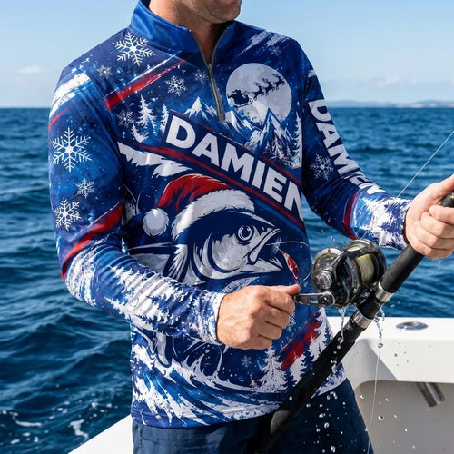 Personalized Christmas Fishing Santa Fish Winter Zip Long Sleeve Shirt
