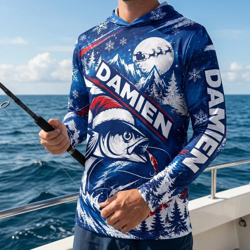 Personalized Christmas Fishing Santa Fish Winter Hooded Long Sleeve Shirt