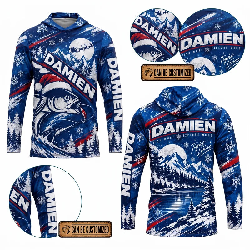 Personalized Christmas Fishing Santa Fish Winter Hooded Long Sleeve Shirt