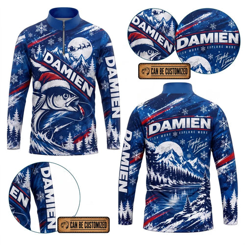 Personalized Christmas Fishing Santa Fish Winter Zip Long Sleeve Shirt