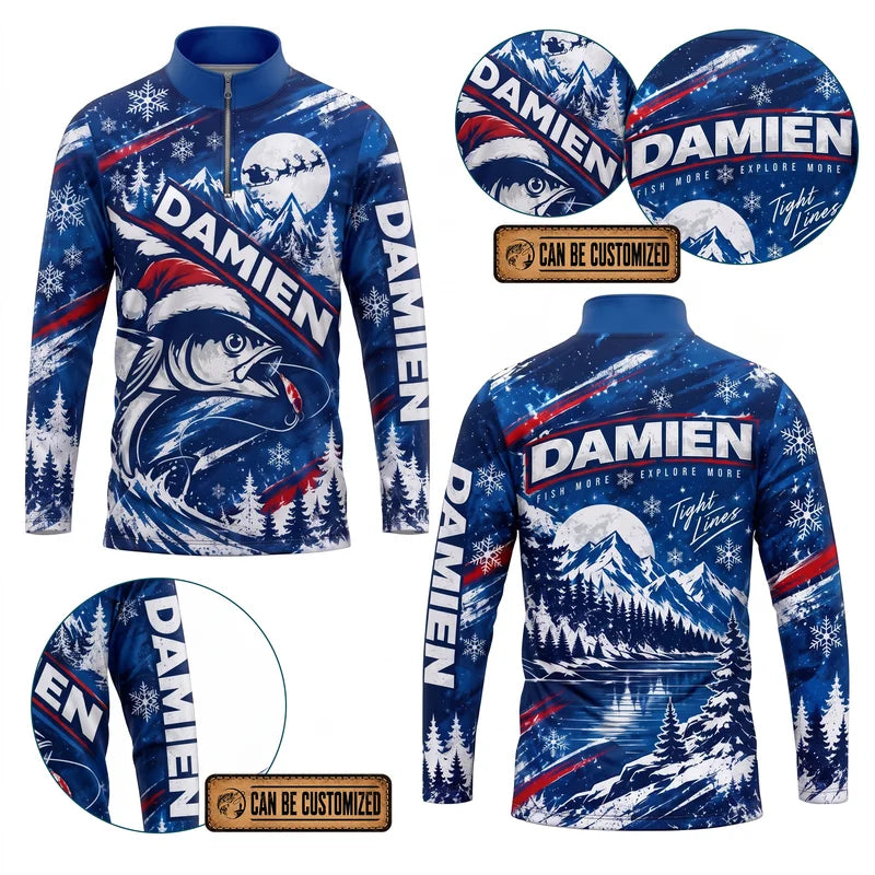 Personalized Christmas Fishing Santa Fish Winter Zip Long Sleeve Shirt