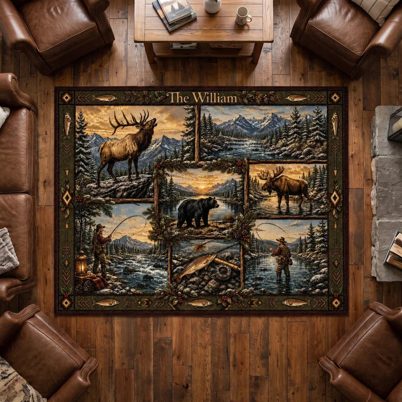 Vintage Christmas Wilderness Hunting & Fishing Personalized Rug