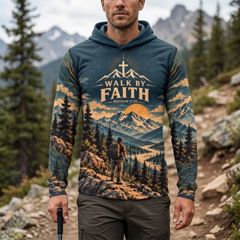 Walk By Faith Faith Moves Mountains Christian Hooded Long Sleeve Shirt