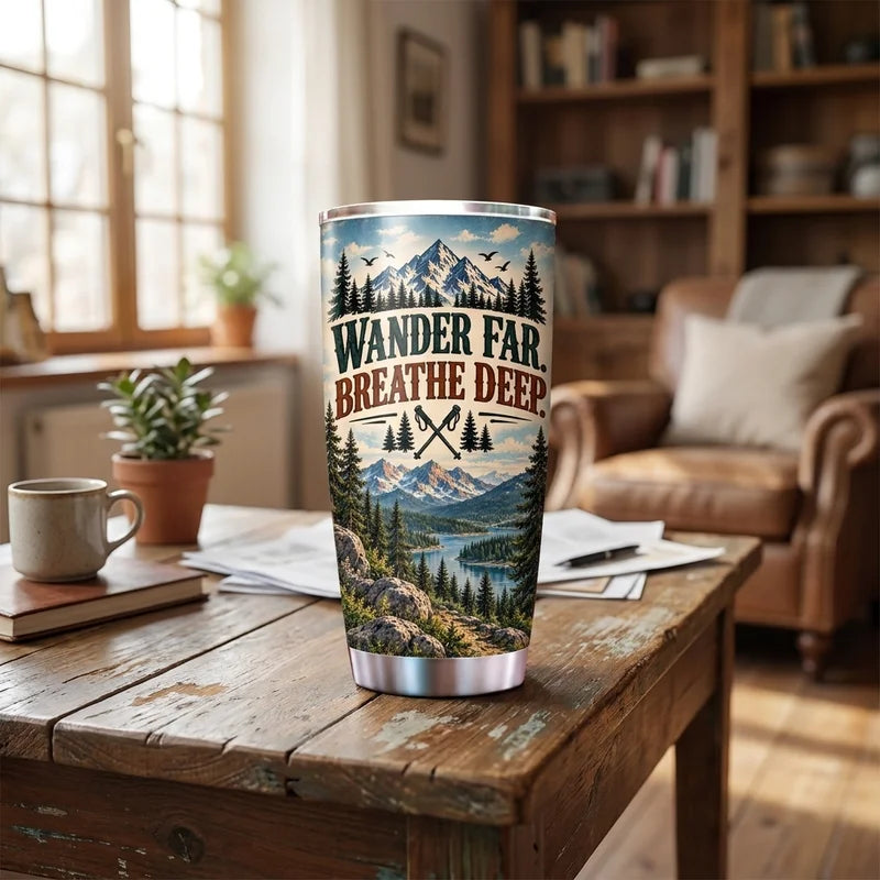 Personalized Wander Far Breathe Deep 20oz Hiking Camping Tumbler