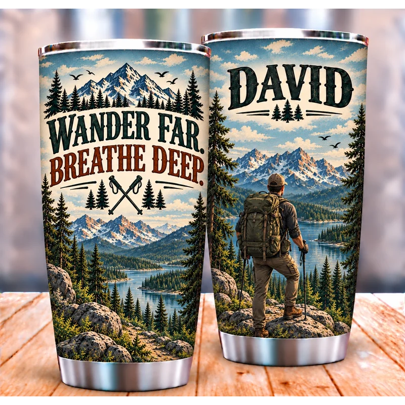 Personalized Wander Far Breathe Deep 20oz Hiking Camping Tumbler