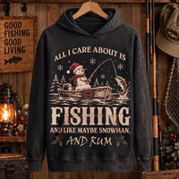 All I Care About Is Fishing Snowman & Rum Vintage Christmas Hoodie