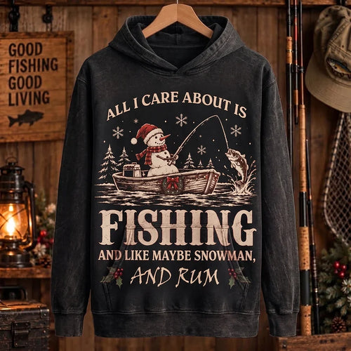 All I Care About Is Fishing Snowman & Rum Vintage Christmas Hoodie