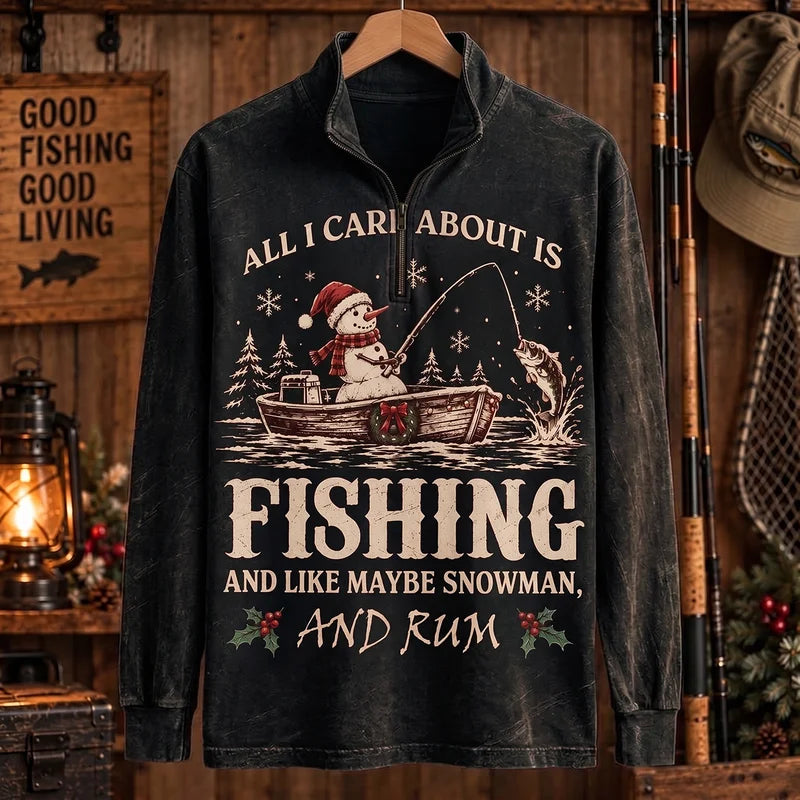 All I Care About Is Fishing Snowman & Rum Vintage Christmas Zip Long Sleeve Shirt