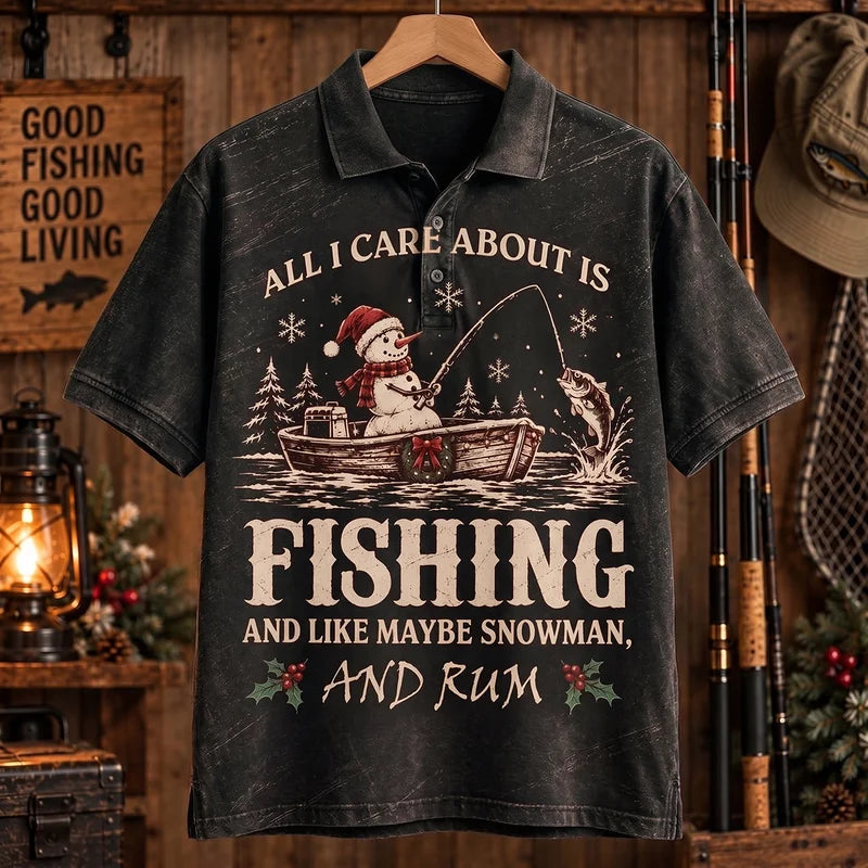 All I Care About Is Fishing Snowman & Rum Vintage Christmas Polo Shirt