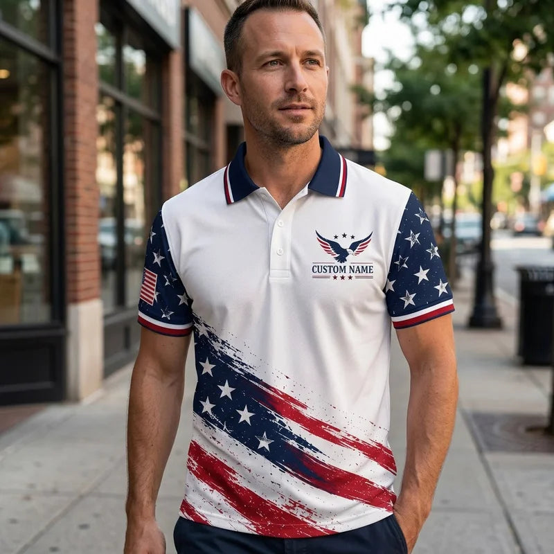 Personalized American Eagle Custom Name Stars Stripes Polo Shirt