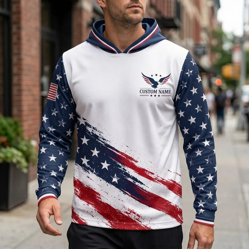 Personalized American Eagle Custom Name Stars Stripes Hooded Long Sleeve Shirt