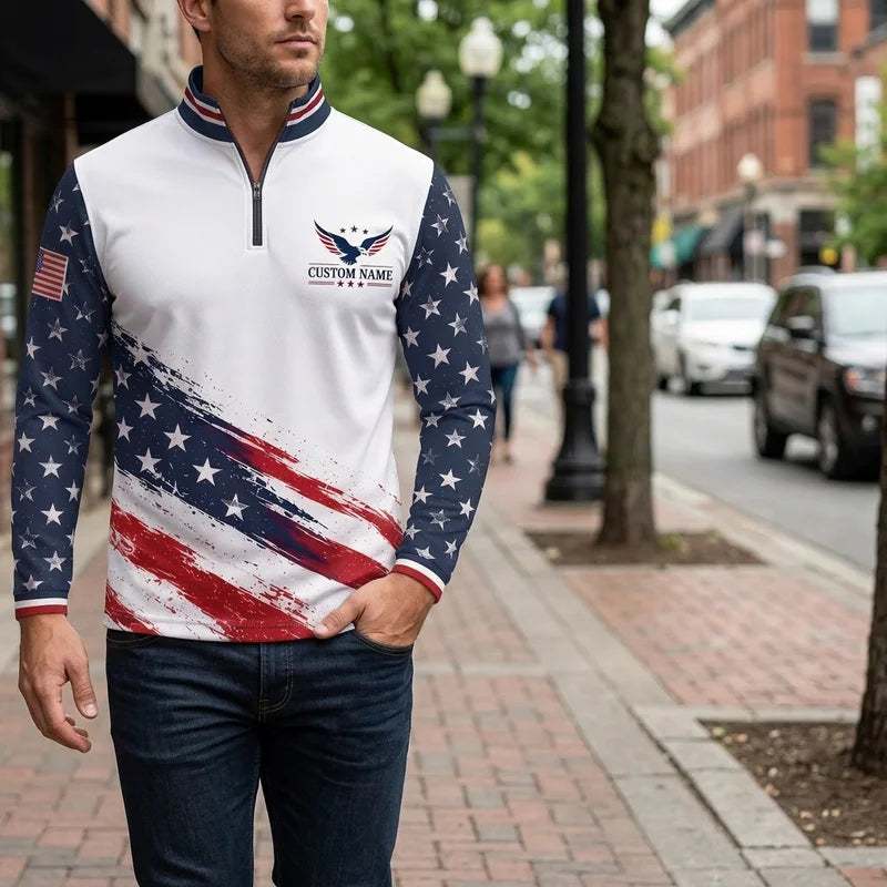 Personalized American Eagle Custom Name Stars Stripes Zip Long Sleeve Shirt
