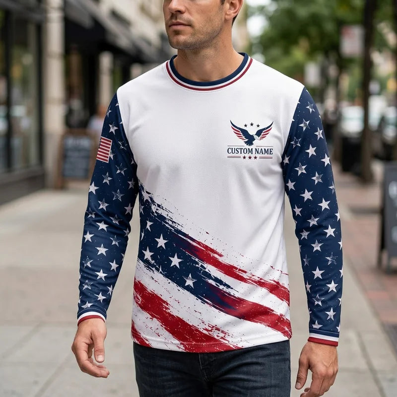 Personalized American Eagle Custom Name Stars Stripes Long Sleeve Shirt