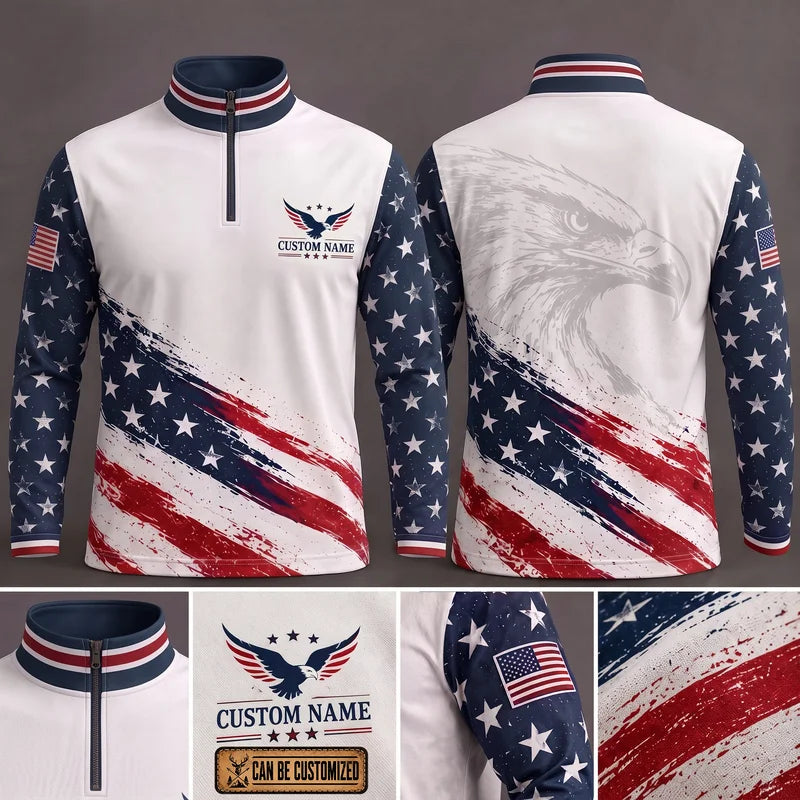 Personalized American Eagle Custom Name Stars Stripes Zip Long Sleeve Shirt