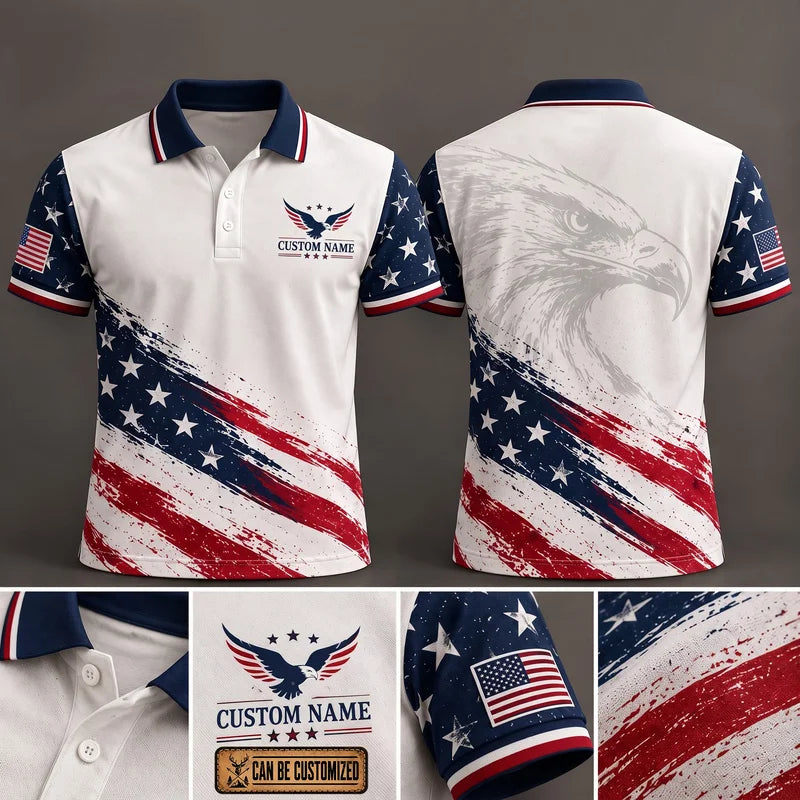 Personalized American Eagle Custom Name Stars Stripes Polo Shirt