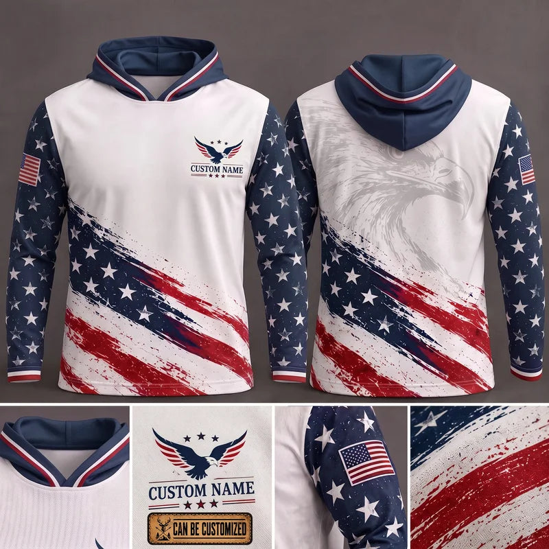 Personalized American Eagle Custom Name Stars Stripes Hooded Long Sleeve Shirt