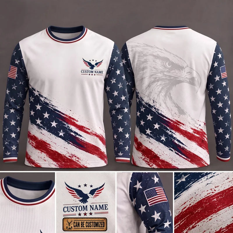 Personalized American Eagle Custom Name Stars Stripes Long Sleeve Shirt