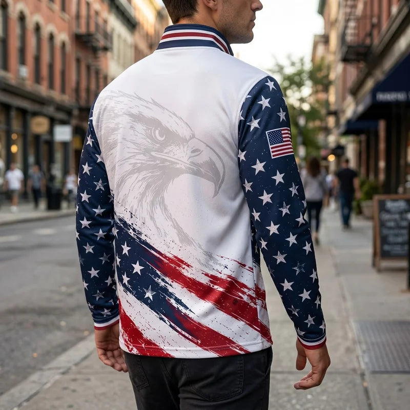 Personalized American Eagle Custom Name Stars Stripes Zip Long Sleeve Shirt