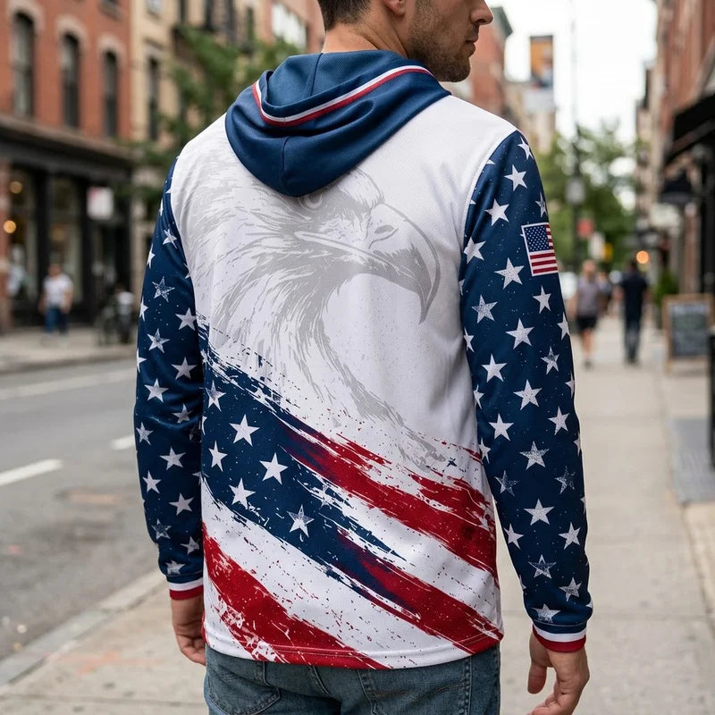 Personalized American Eagle Custom Name Stars Stripes Hooded Long Sleeve Shirt