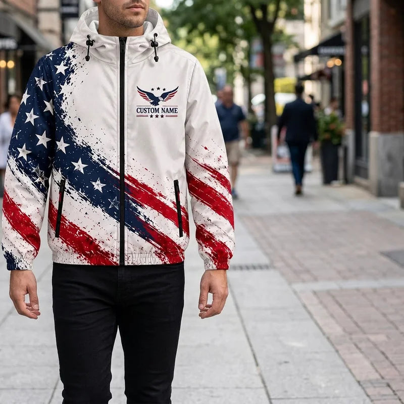 Personalized American Eagle Stars Stripes Custom Name Windbreaker Jacket