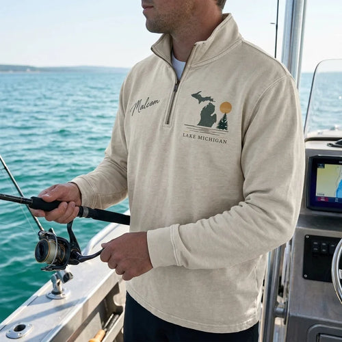 Personalized Lake Michigan Wild Shores Brighter Days Vintage Zip Long Sleeve Shirt